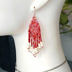 Christmas Beaded Fringe Dangle Earrings, Red & White, 3"